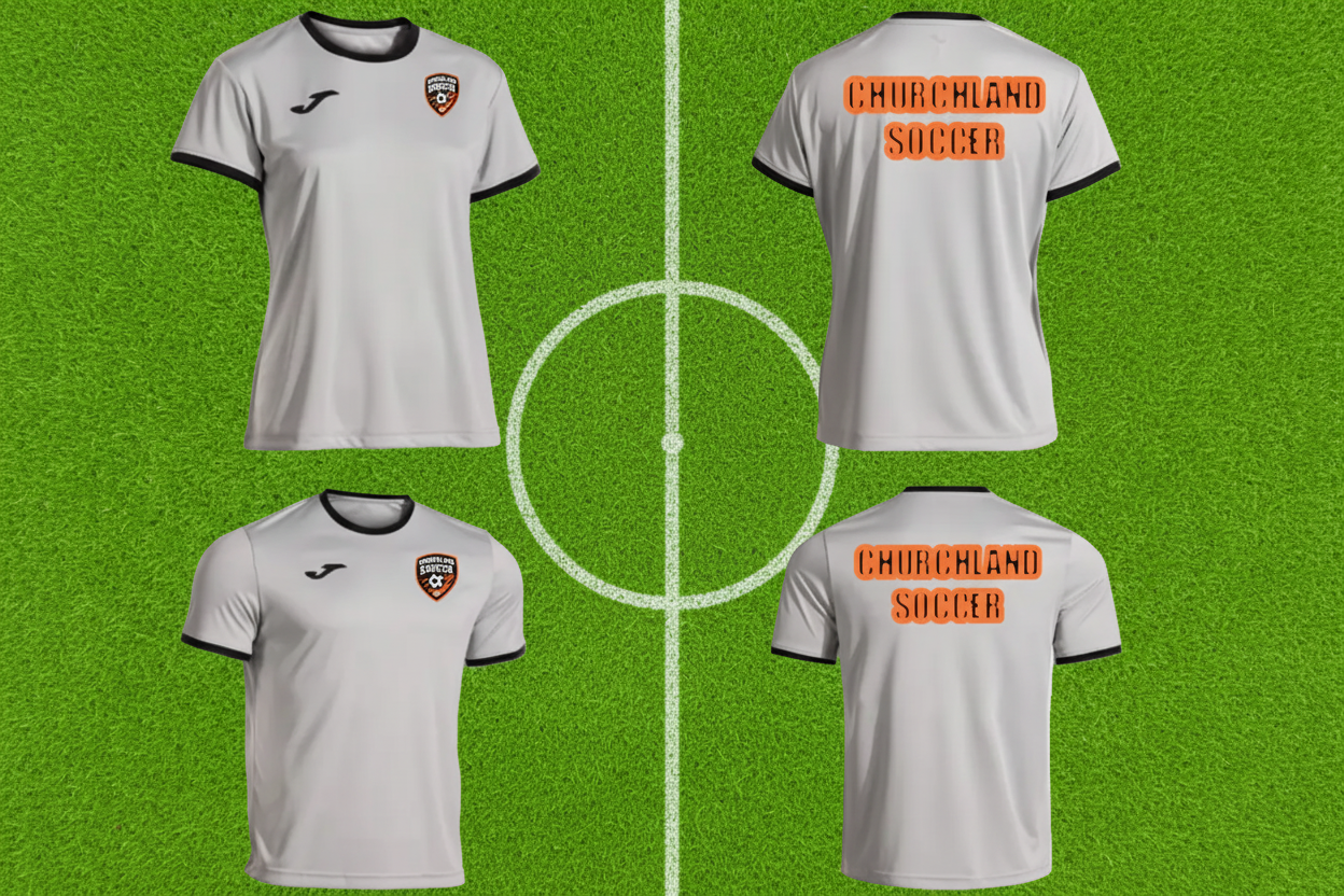 A light gray short-sleeve soccer jersey shown from the front and back in a 2x2 grid. The jersey has black trim on the collar and sleeve cuffs, a Joma logo on the right chest, a shield crest on the left chest, and 'CHURCHLAND SOCCER' printed in orange across the back.