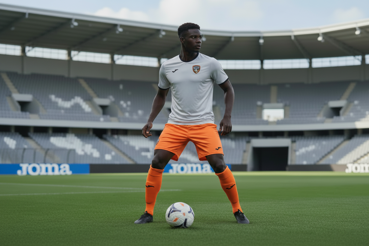 A soccer player stands on a stadium field wearing a light gray jersey, bright orange shorts, and orange socks, with a soccer ball at his feet and stadium seating in the background.
